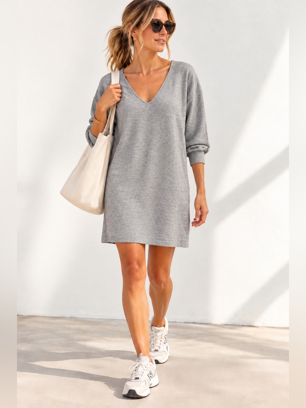 James Perse V-Neck Sweatshirt Mini Dress in Heather Gray 💯 Cotton  Sz L/XL